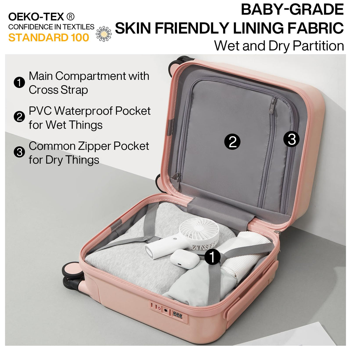 mixi 14 Inch Underseat Luggage Carry on Suitcase Free Boarding Personal Item Suitcases with Spinner Wheels Hardshell Lightweight PC for Short Travel, Pink