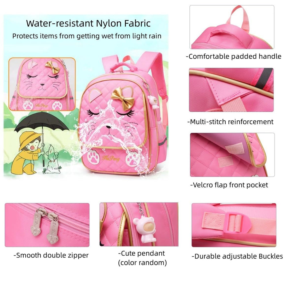 MITOWERMI Cute Rolling Backpack for Girls Trolley School Bags Cat-face Bowknot Girls Roller Backpacks with Wheels Kids Carry-on Travel Luggage Pink-2 Wheels