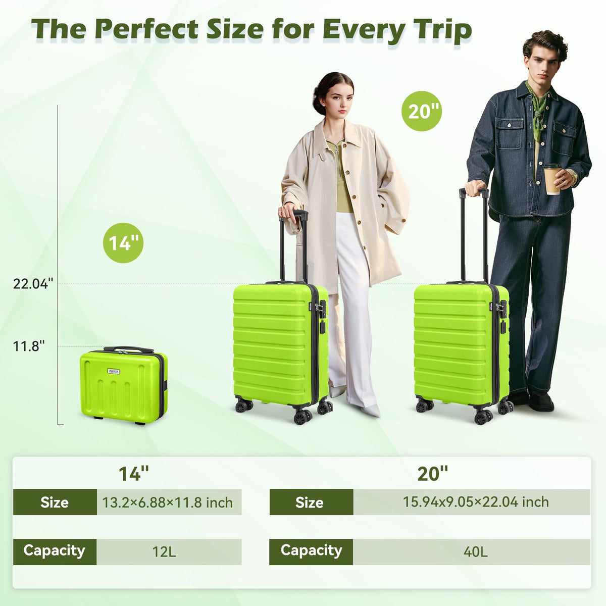 AnyZip Suitcase, 20" Carry On Luggage 14" Mini Cosmetic Cases Luggage Sets Hardside PC ABS Lightweight USB Suitcase with Wheels TSA (2 Piece Set 14/20, AppleGreen)
