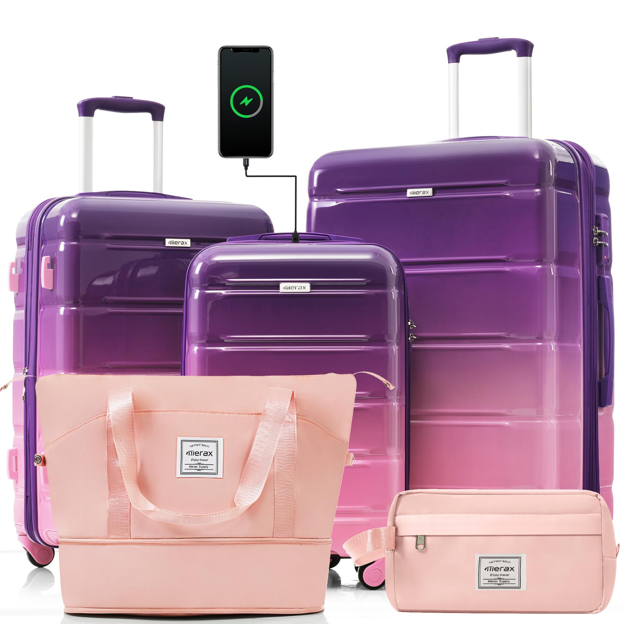 Luggage 5 Pcs, ABS Hardshell Suitcase Spinner Wheels with USB Port TSA Lock