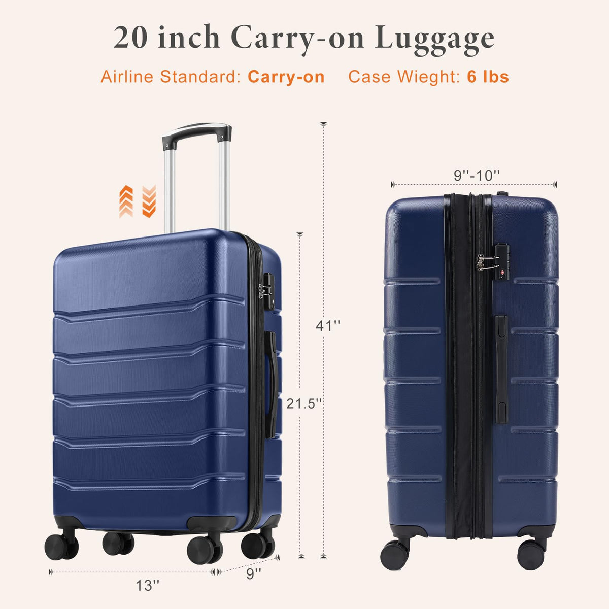 Sweetcrispy Carry on Luggage, Hard Shell ABS Suitcase with Double Spinner Wheels, Lightweight Expandable Rolling Suit Case with TSA Lock, 20 Inch Navy Blue