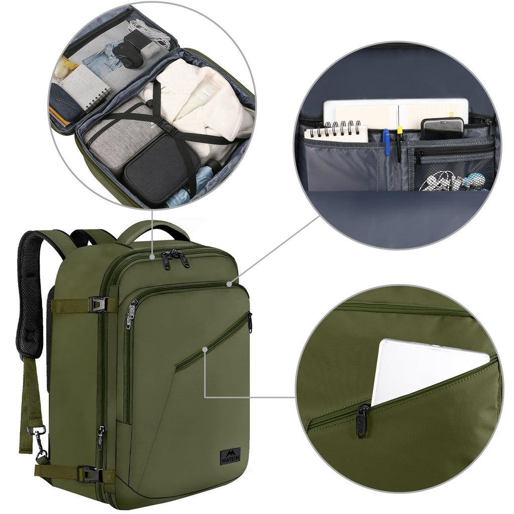 MATEIN Mens Backpack for Travel, Extra Large Expandable Carry on Backpack with Hideaway Shoulder Straps for Travelling, Water Resistant Heavy Duty Daypack, Gifts for Men Women, Dark Green