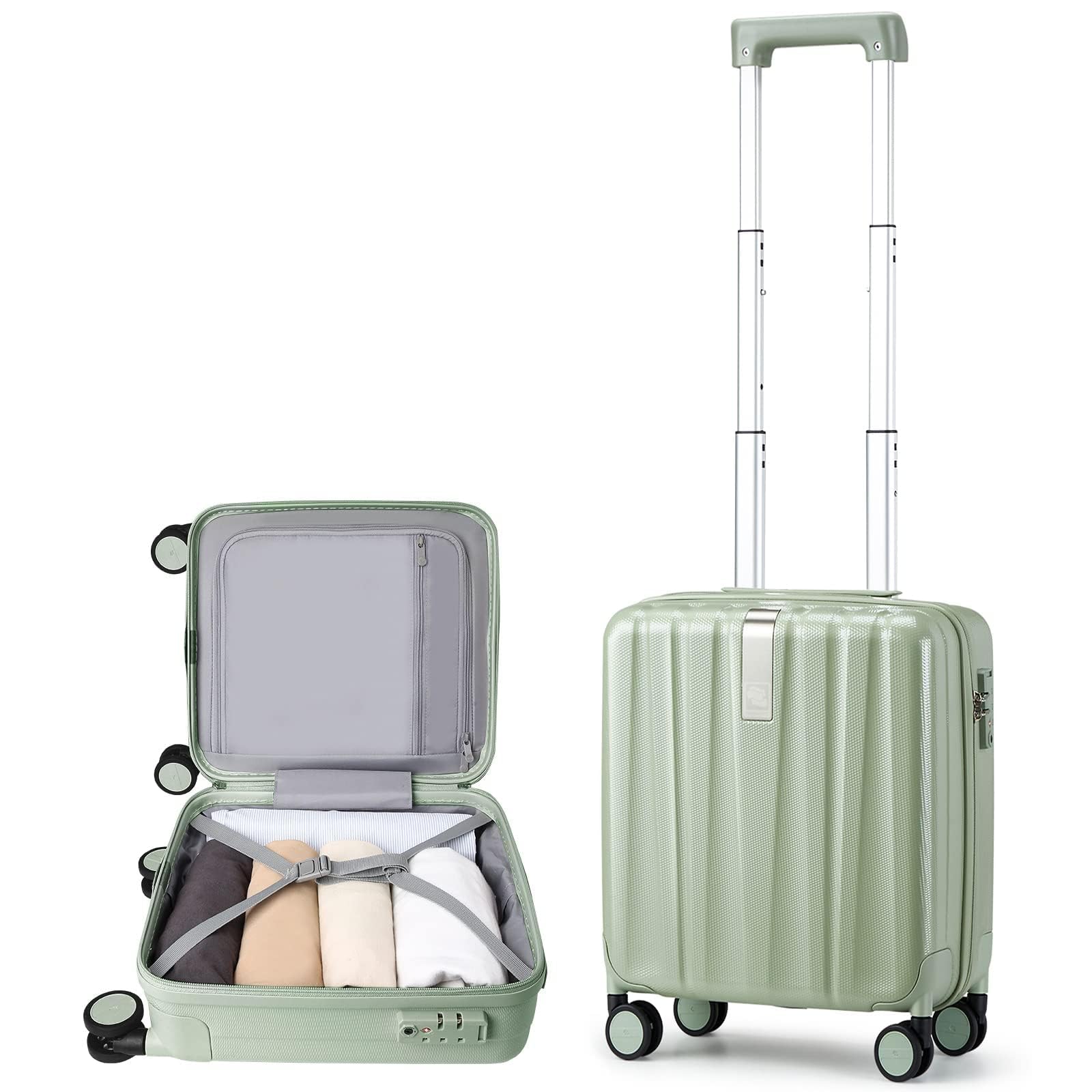 Hanke 14 Inch Underseat Carry On Luggage with Wheels Hard Shell Suitcases Carry On Bag Lightweight Small Mini Suitcase Travel Luggage for Travel（Bamboo Green）