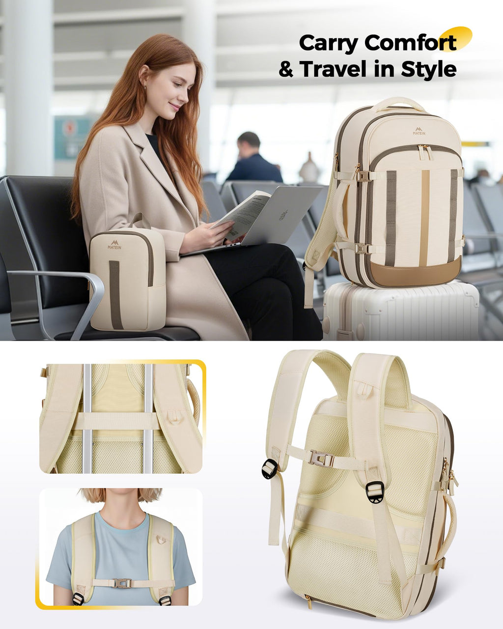 MATEIN HER 18x14x8 Personal Item Backpack for Frontier Airline, Waterproof Travel Backpack for Women with Luggage Tag & Rain Cover Fit 17.3" Laptops, Lightweight TSA Approved Underseat Bag, 2 Pcs Set