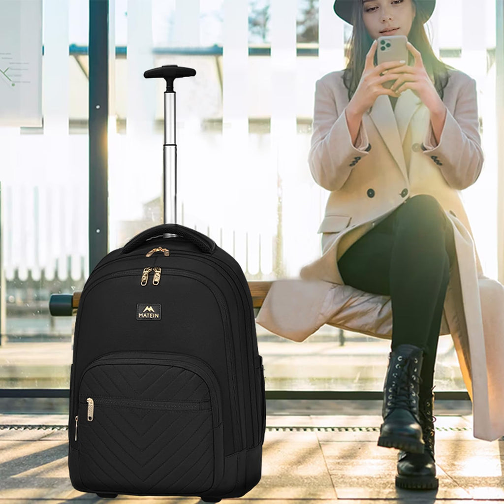 MATEIN Rolling Backpack for Women, 17 inch Water Resistant Wheeled Laptop Backpack, Large Carry On Luggage Travel Backpack with Wheels, Trolley Suitcase Business Overnight Roller Bag for Adults, Black