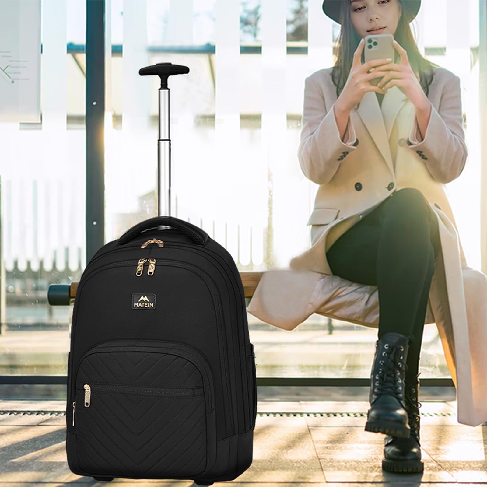 MATEIN Rolling Backpack for Women, 17 inch Water Resistant Wheeled Laptop Backpack, Large Carry On Luggage Travel Backpack with Wheels, Trolley Suitcase Business Overnight Roller Bag for Adults, Black