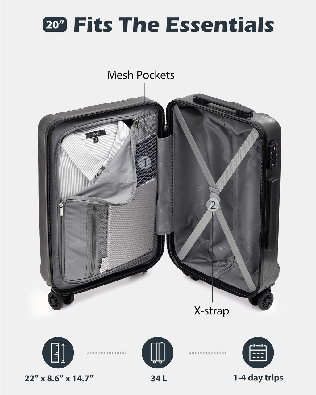 Coolife Luggage PC+ABS Hardshell Suitcase with TSA Lock, Spinner Carry On Lightweight (grey, S(20in_carry on))