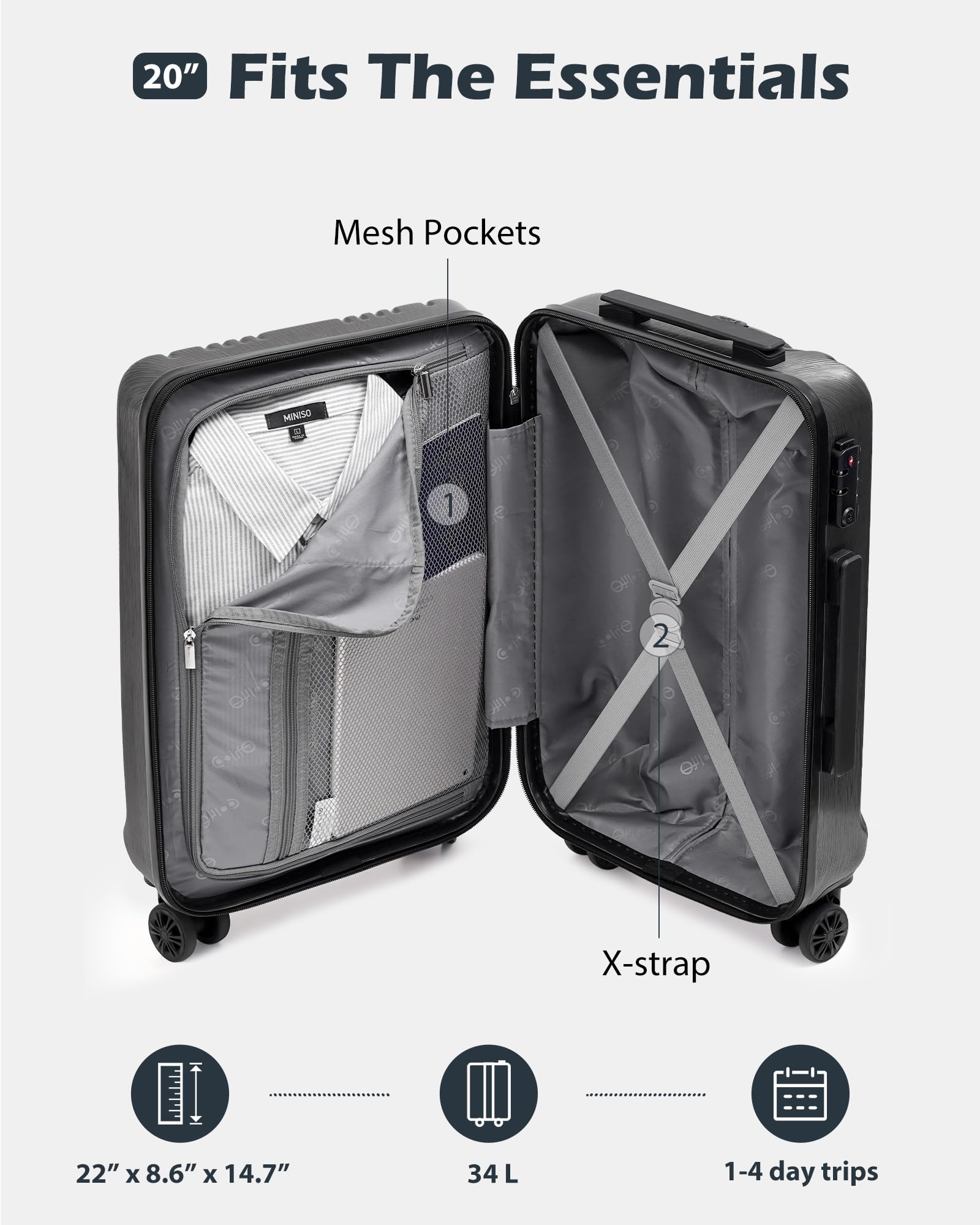 Coolife Luggage PC+ABS Hardshell Suitcase with TSA Lock, Spinner Carry On Lightweight (grey, S(20in_carry on))