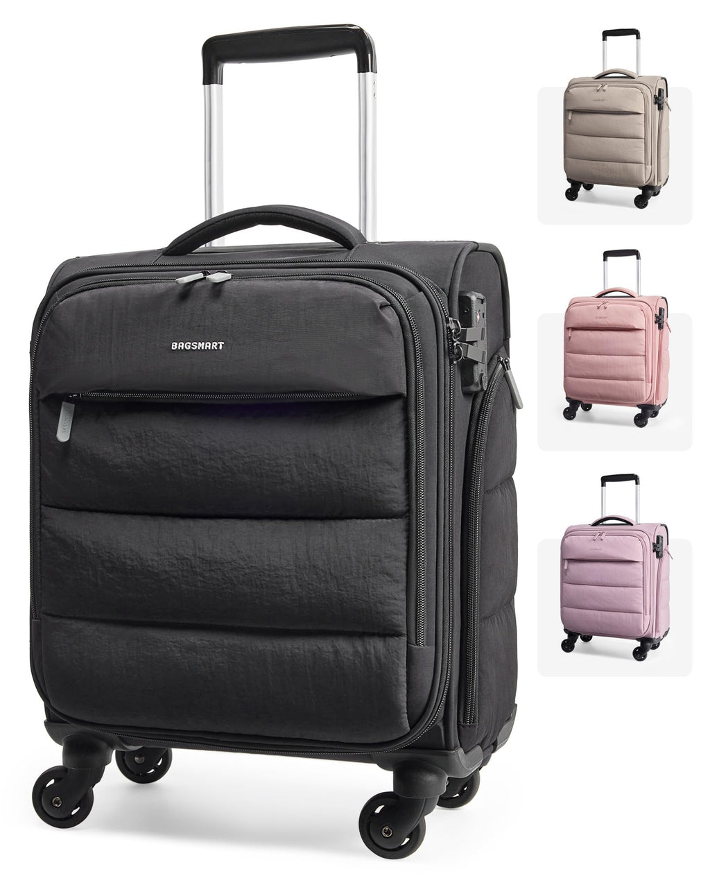 BAGSMART Underseat Carry on Luggage with Wheels, Soft Small Travel Luggage with PVC Wet/Dry Pockets, Lightweight Soft Personal Item Suitcase for Short Trip, Black