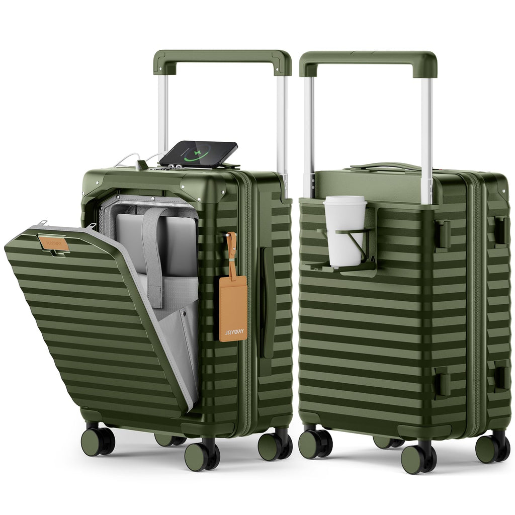 Joyway 20 Inch Carry on Luggage with Front Pocket, PC Hardshell Carry-on Suitcase with USB Port and Cup Holder, 21.5x14.2x9 Airline Approved, Luggage with Spinner Wheels and TSA Lock(Dark Green)