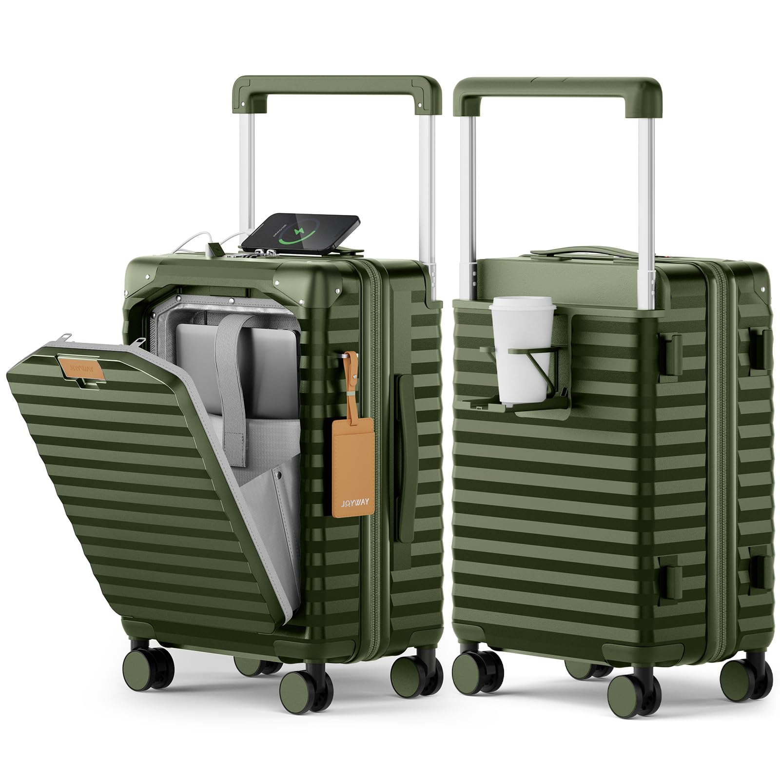 Joyway 20 Inch Carry on Luggage with Front Pocket, PC Hardshell Carry-on Suitcase with USB Port and Cup Holder, 21.5x14.2x9 Airline Approved, Luggage with Spinner Wheels and TSA Lock(Dark Green)