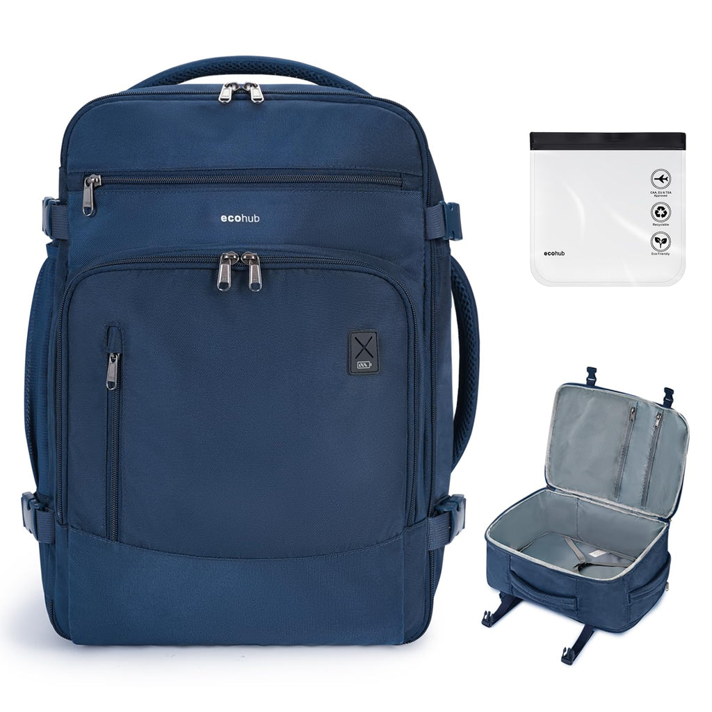 ECOHUB Travel Backpack for Men, 18x14x8 Spirit Airlines Personal Item Bag with Clear Toiletry Bag, Laptop Carry on Backpack with USB Port, Airline Approved Under Seat 14 Pockets 30L, Blue