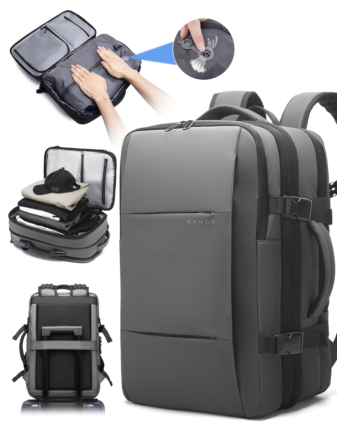 BANGE Backpack with Anti-Theft Vacuum Compression Travel Backpack,Expandable Backpacks with Pump for Airplanes