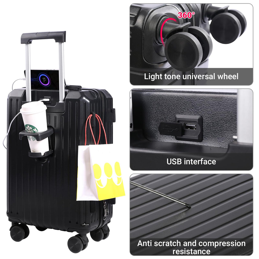 YANQIAO Carry-on Luggage with Cup Holder & USB Charging Port, Hard Side Luggage with Spinner Wheels, Lightweight Luggage for Travel, Business (Black, Carry-On 20-Inch)