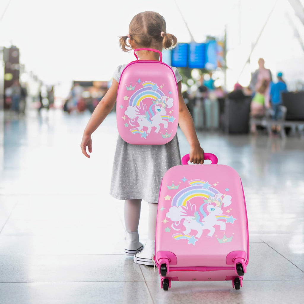 Goplus 2PC Kids Luggage, 12" & 16" Kids Carry On Luggage Set with 4 Spinner Wheels, Lightweight Rolling Spinner Suitcase for Children Toddlers Boys and Girls Travel (Rose Unicorn)