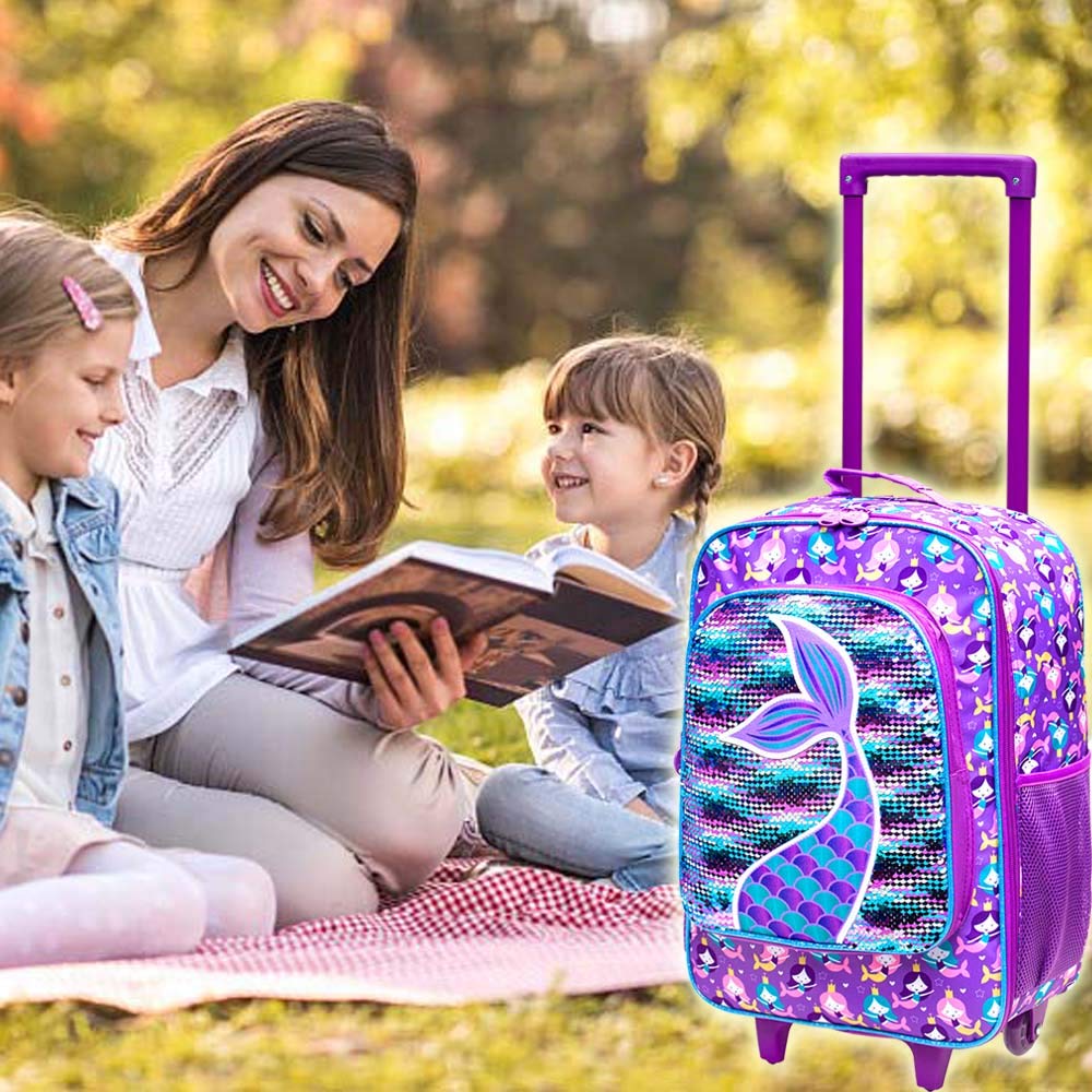 AGSDON Kids Suitcase for Girls, Cute Mermaid Rolling Luggage Wheels for Children Toddler