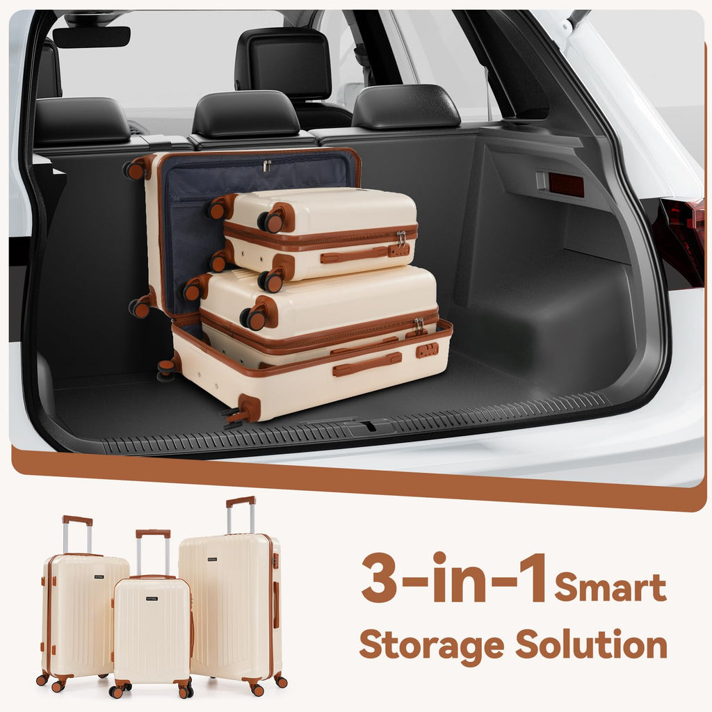 Hoteel Luggage Sets 3 Piece, 4-Yr Warranty Durable Suitcase Dual-Spinner Wheel TSA Lock, Lightweight Travel Hardshell PC+ABS Carry on Luggage for Men&Women, Beige(20/24/28 inch)