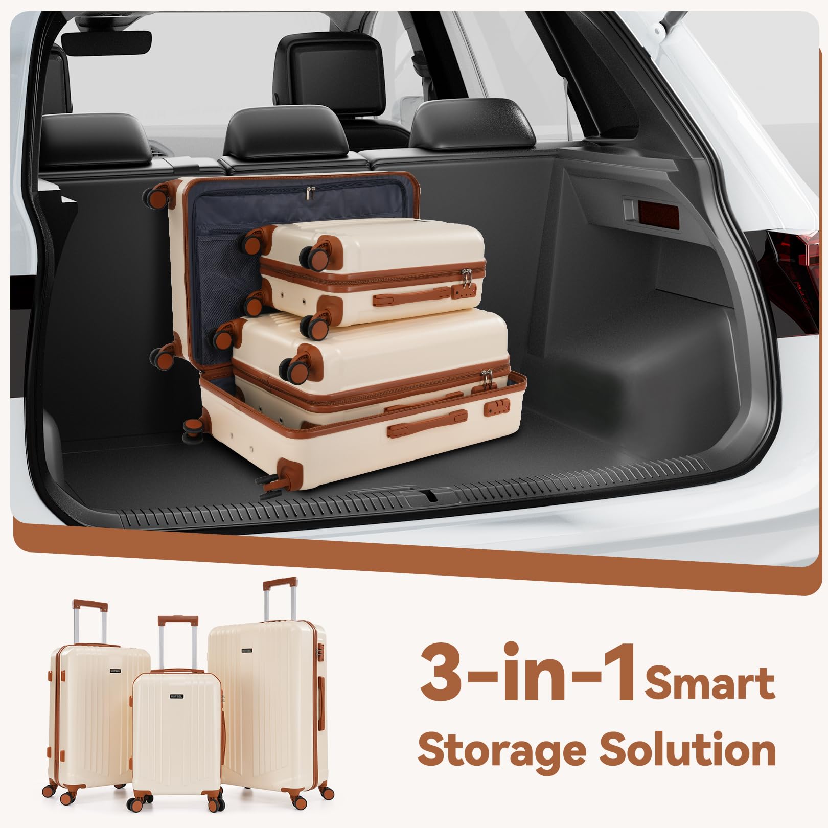 Hoteel Luggage Sets 3 Piece, 4-Yr Warranty Durable Suitcase Dual-Spinner Wheel TSA Lock, Lightweight Travel Hardshell PC+ABS Carry on Luggage for Men&Women, Beige(20/24/28 inch)