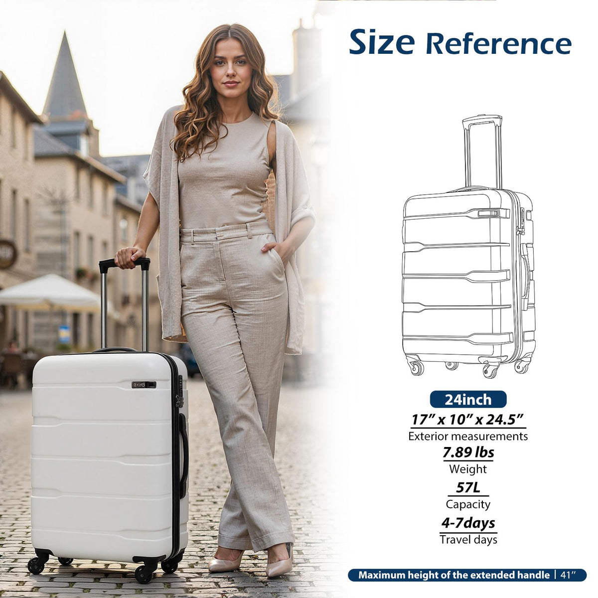 Coolife Medium Checked Luggage Hardside PC+ABS Suitcase with TSA Lock, Lightweight Rolling Carry On with Spinner Wheels(White, 24in)
