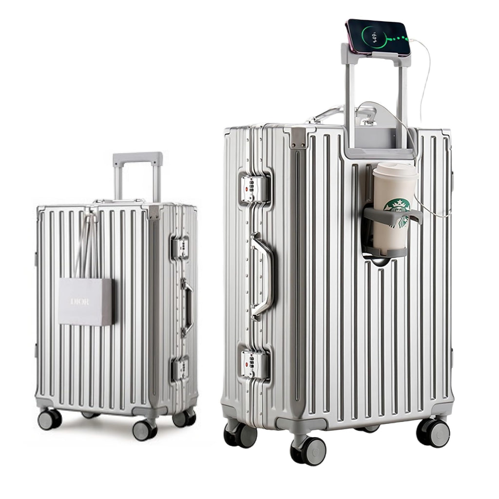 HotWay PC Hard Shell Carry On Luggage with Aluminum Frame, Suitcase with Cup Holder and USB Port, Zipperless Luggage for Business Travel (Silver, Carry On 20Inch)
