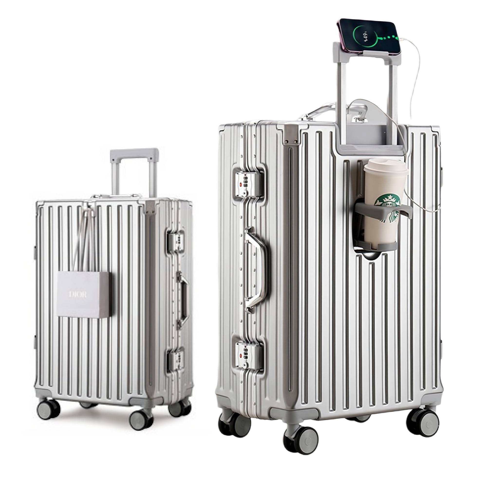 HotWay PC Hard Shell Carry On Luggage with Aluminum Frame, Suitcase with Cup Holder and USB Port, Zipperless Luggage for Business Travel (Silver, Carry On 20Inch)