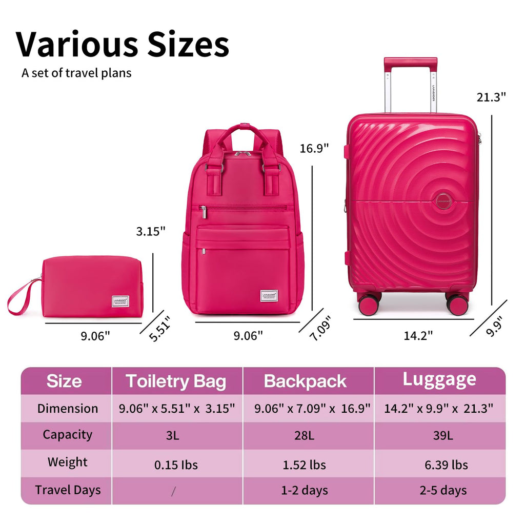 LARVENDER Carry On Luggage Set 22x14x9 Airline Approved, Expandable 20 Inch Carry-On Suitcases With Wheels, Lightweight Luggage Sets 3 Pieces With Backpack, Rose Red