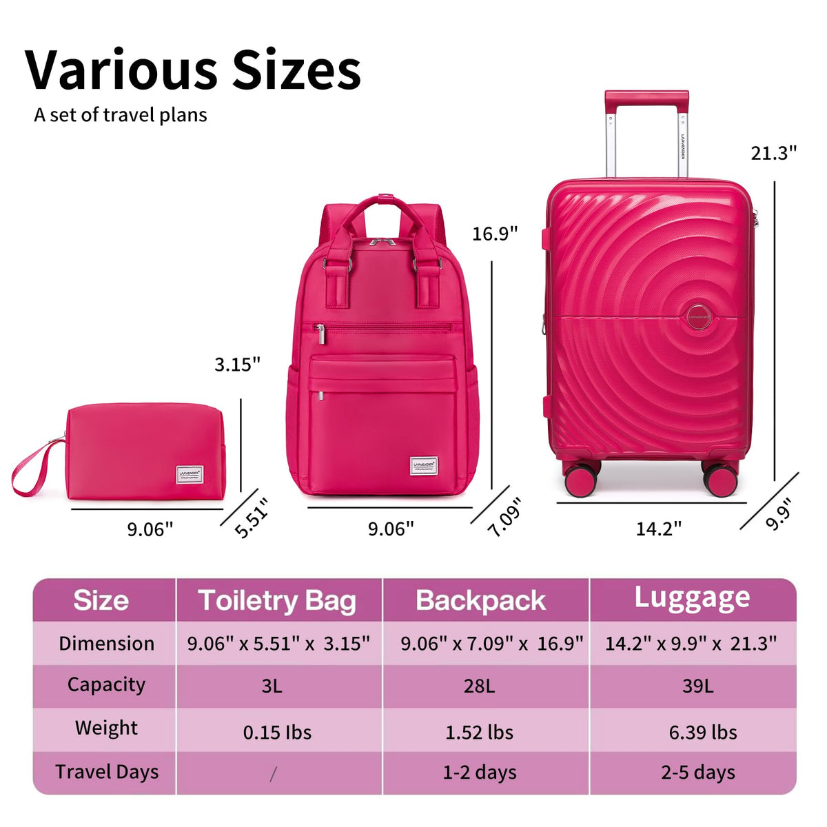 LARVENDER Carry On Luggage Set 22x14x9 Airline Approved, Expandable 20 Inch Carry-On Suitcases With Wheels, Lightweight Luggage Sets 3 Pieces With Backpack, Rose Red