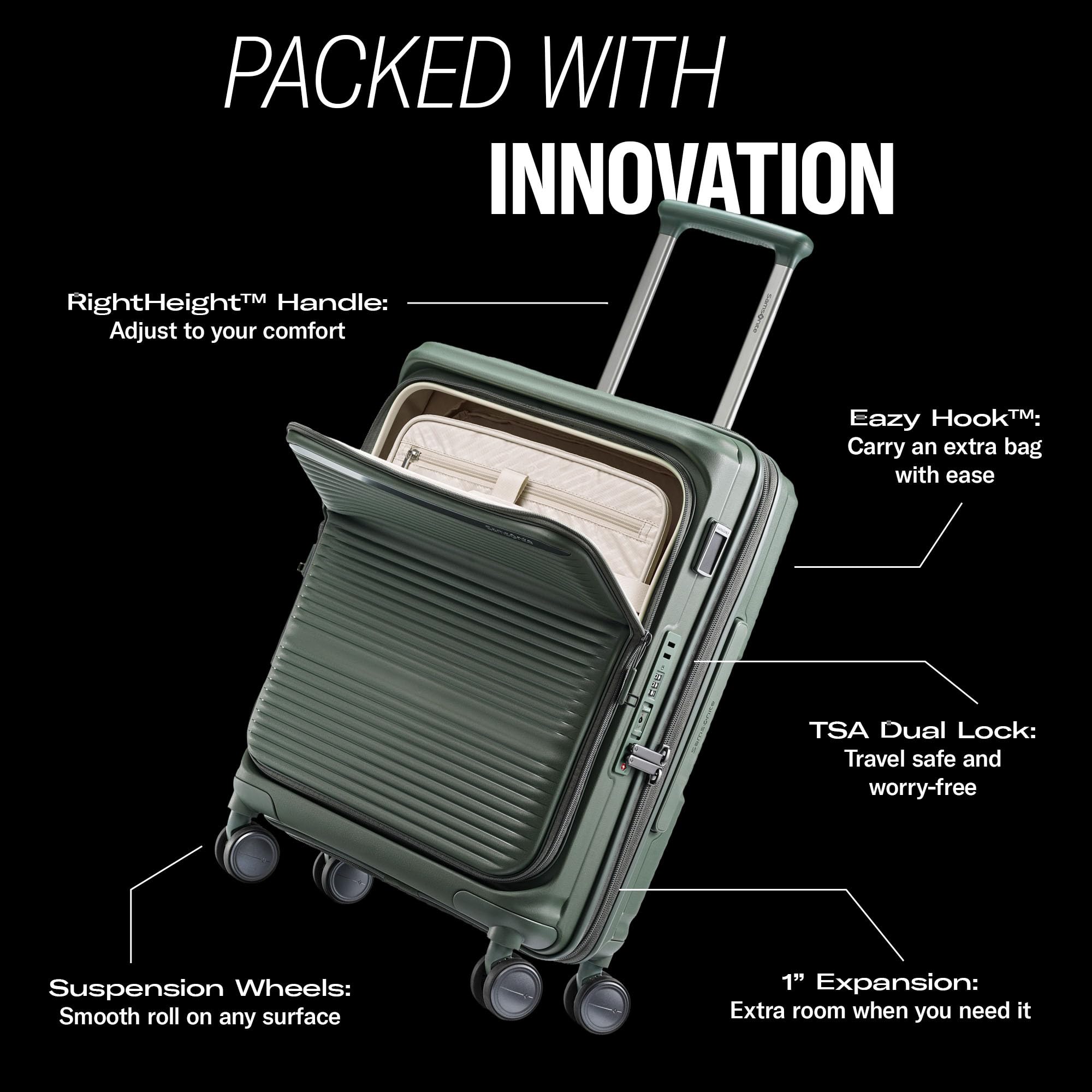 Samsonite Paralux Carry-On Luggage - Innovative Design - Quick Access Front Pocket - Dual Suspension Wheel Technology - TSA Lock - Expandable - Includes Removable Packing Cubes - Olive