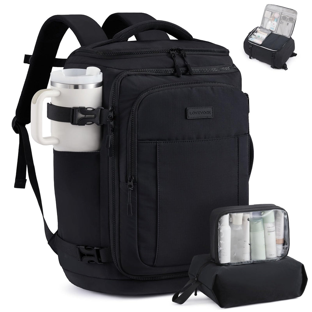LOVEVOOK Travel Backpack for Women & Men, 25L Airline Approved Personal Item Carry On Backpack, Lightweight with 2 Packing Cubes, Waterproof Daypack for Work, Gym & Weekend Travel, Black