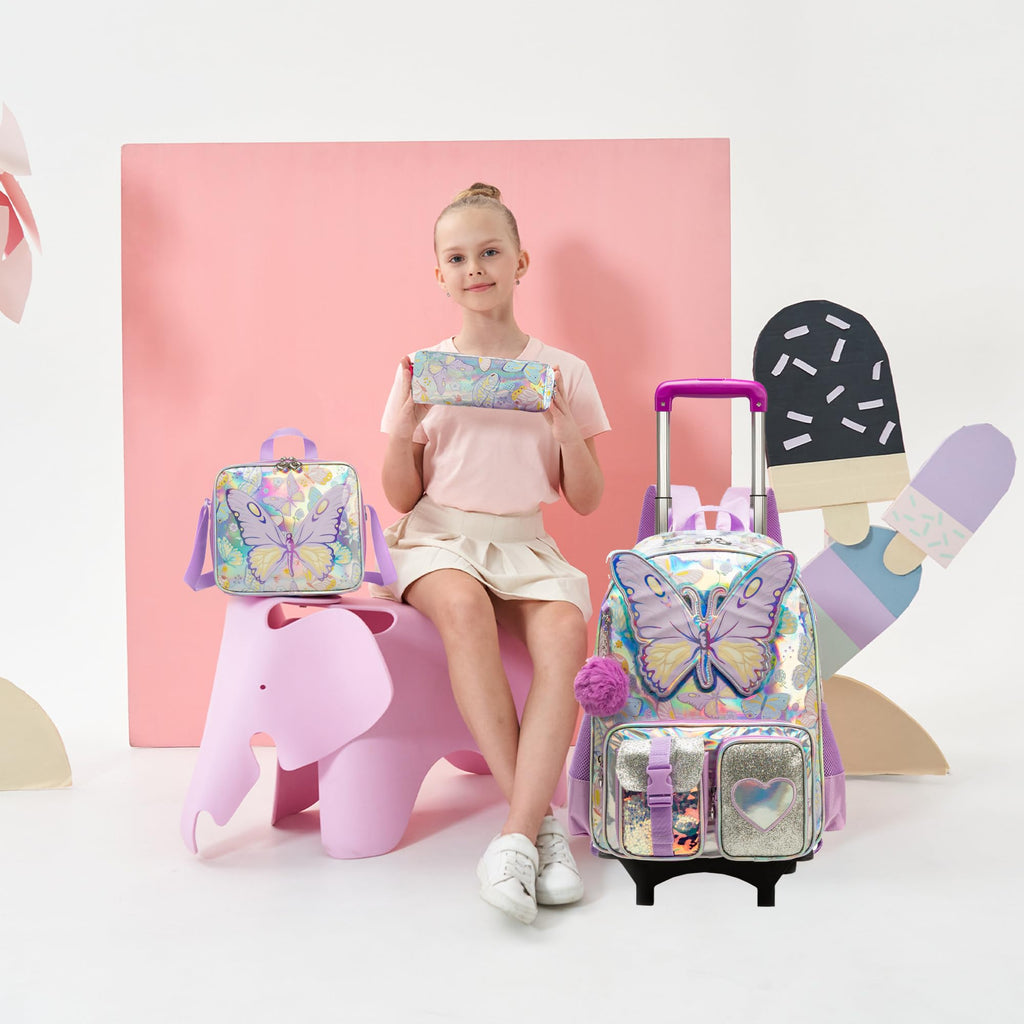 Meetbelify Butterfly Rolling Backpack for Girls Backpack with Wheels for Elementary Student Kids Luggage Travel Suitcase for Girls Ages 6-8