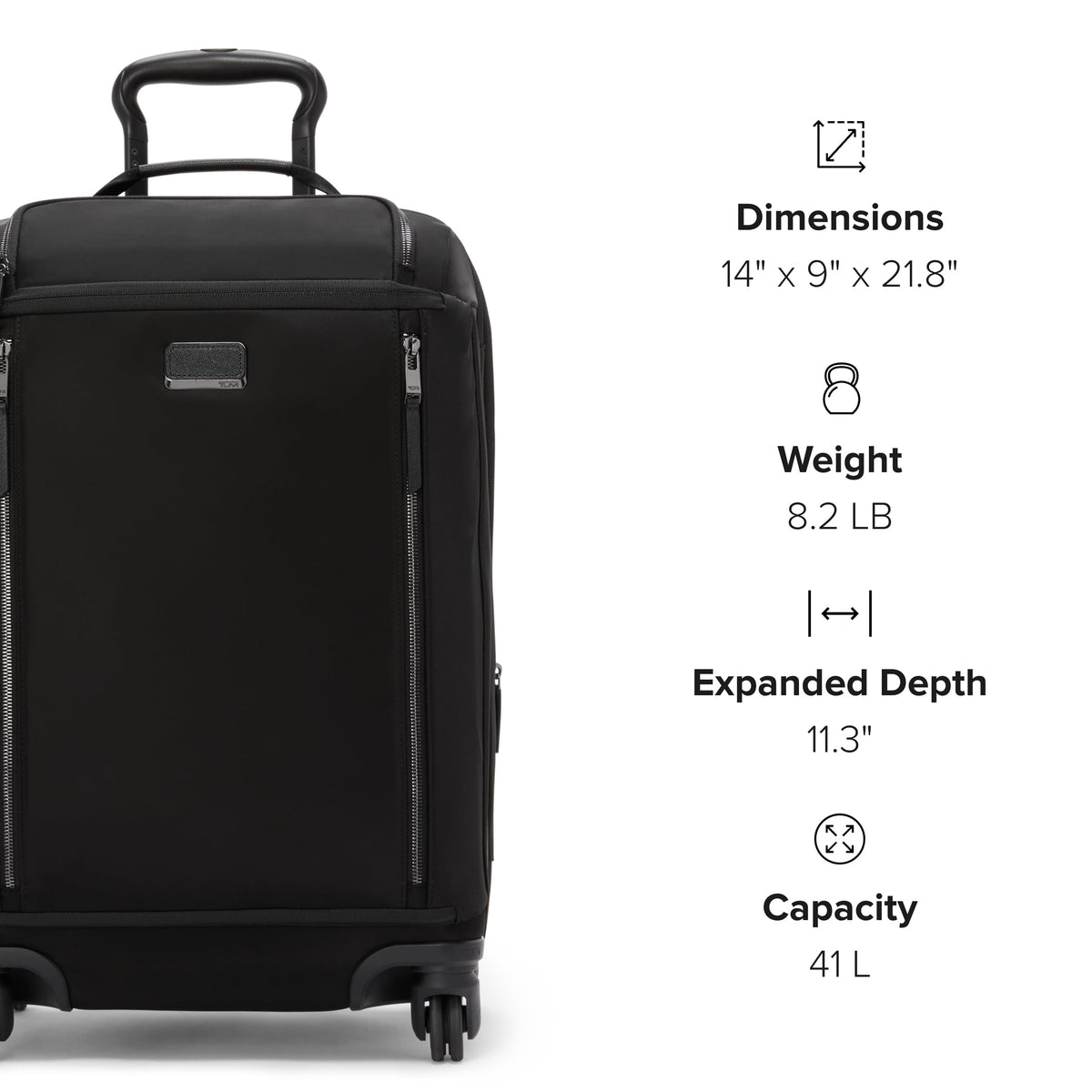 TUMI - Voyageur Leger 4 Wheeled Luggage - Women's Lightweight and Spacious, Sleek Silhouette, Durable Premium Suitcase - 21.8" International Expandable Carry-On, Black with Gunmetal Hardware