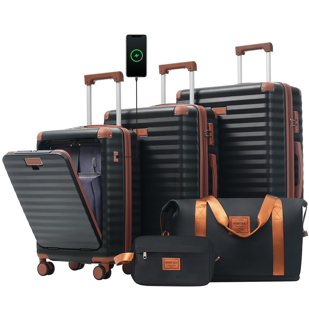 Merax 5 Piece Luggage Set Front Opening Expandable Hardside Carry On Suitcase with Double Spinner Wheels TSA Lock USB Port and Cup Holder,20" 24" 28"(Black Brown)