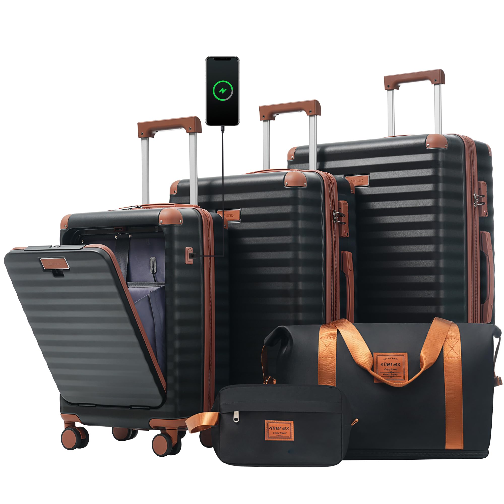 Merax 5 Piece Luggage Set Front Opening Expandable Hardside Carry On Suitcase with Double Spinner Wheels TSA Lock USB Port and Cup Holder,20" 24" 28"(Black Brown)