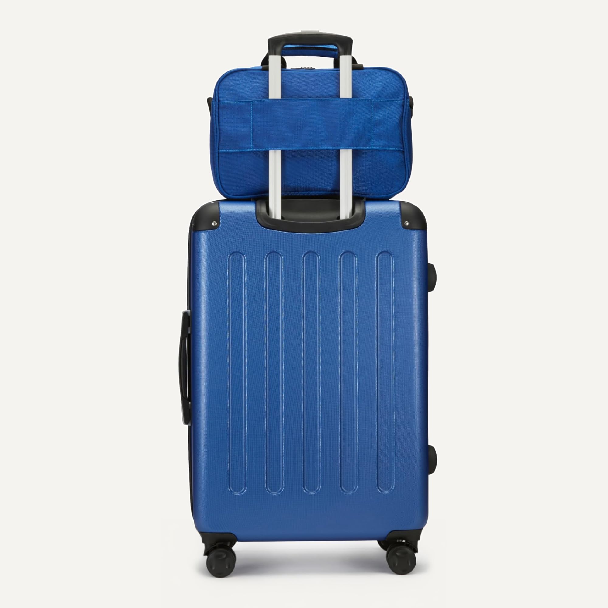 Amazon Basics 4-Piece Hardside Luggage Set with Multidirectional Spinner Wheels, 22" Carry-On, 28" Checked Suitcase, 15" Tote Bag and 10" Travel Case, Navy Blue
