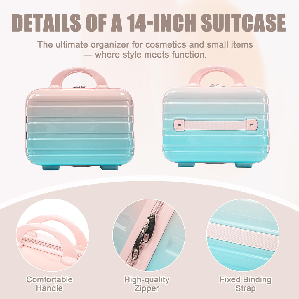 Zentrava 2 Piece Hardshell Luggage Set, Lightweight Durable Carry-On Luggage with Spinner Wheels, 20 Inch ABS Luggage with 14 Inch Cosmetic Case for Travel, Women, Girls (Blue Pink)