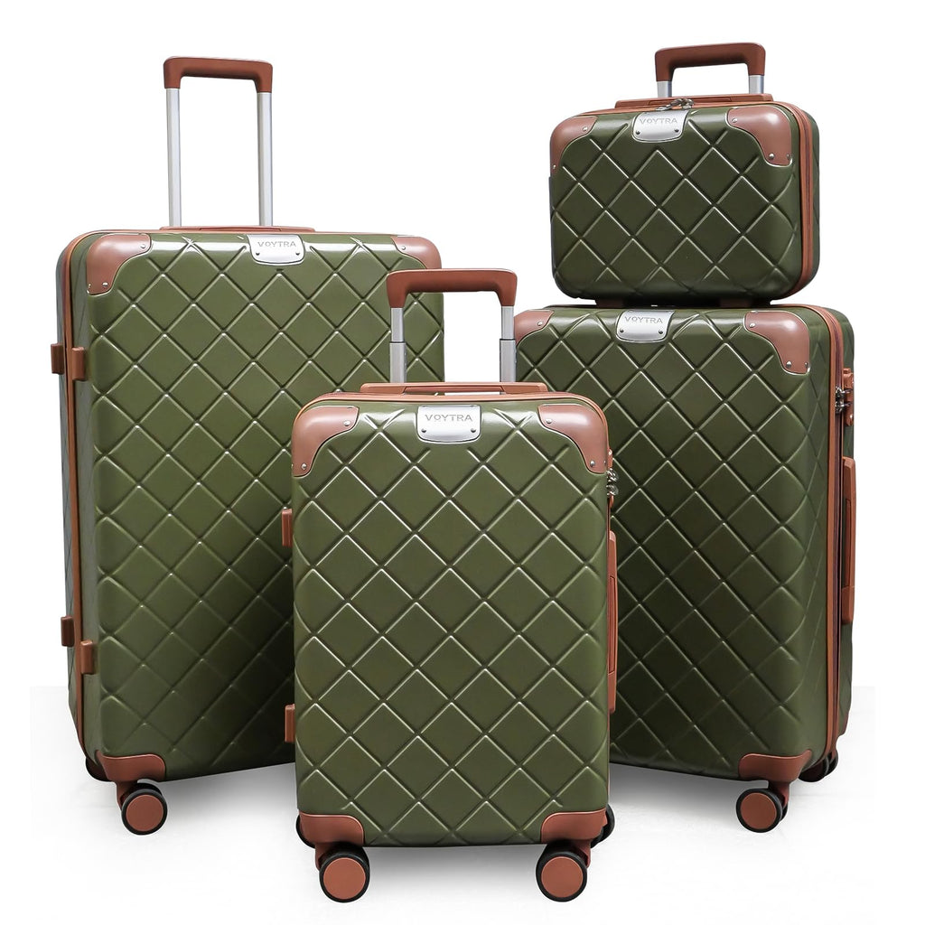 Voytra Lightweight Hardside luggage sets Suitcases with Spinner Wheels YKK Zipper & TSA Lock, ABS+PC Hardshell 4 Piece Luggage Set for Weekend Getaways & Family Travel (14/20/24/28 Green)