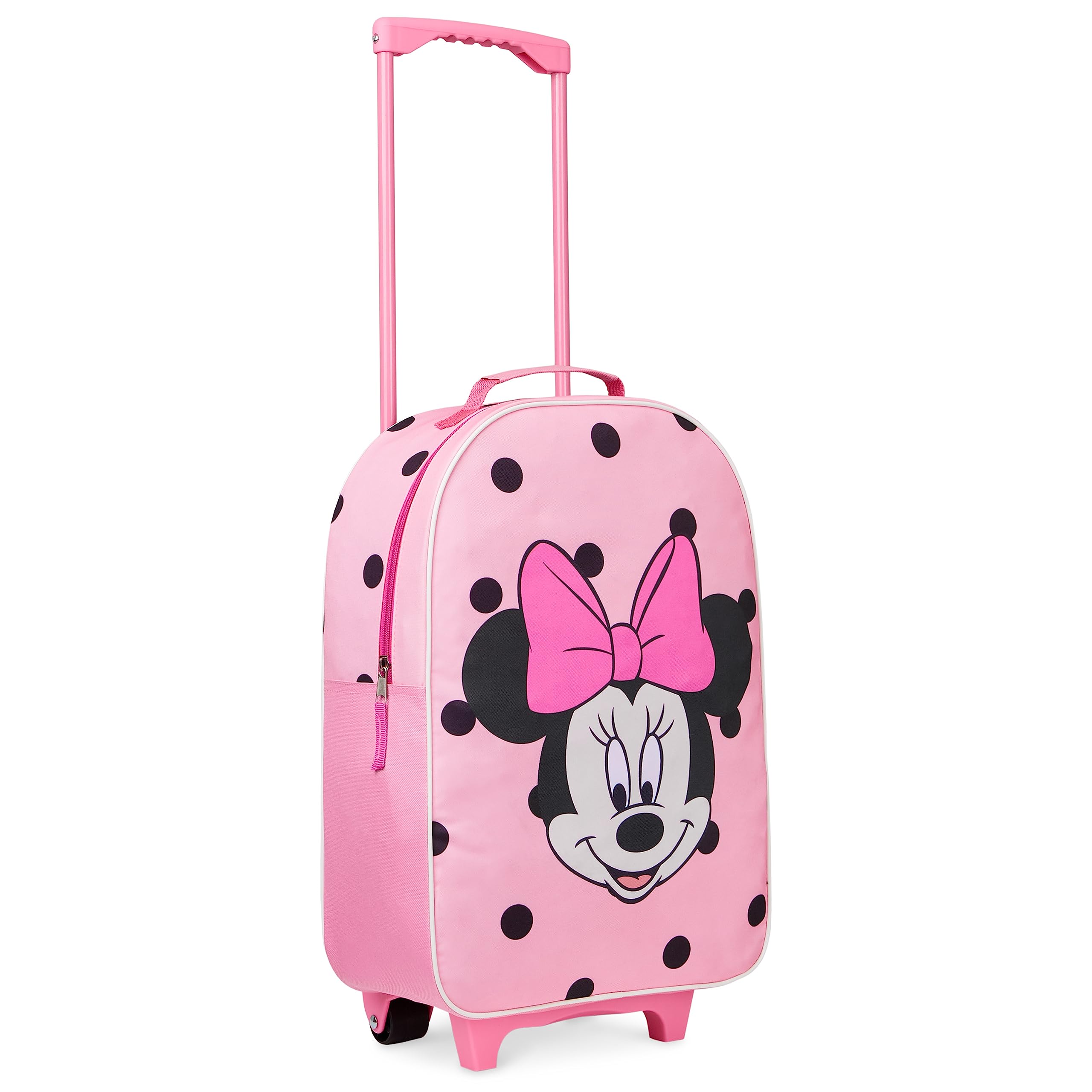 Disney Kids Rolling Luggage 16×11 in, 16‑L Carry‑On Suitcase with Wheels, Foldable Lightweight Travel Bag, Gifts for Kids (Pink Minnie)