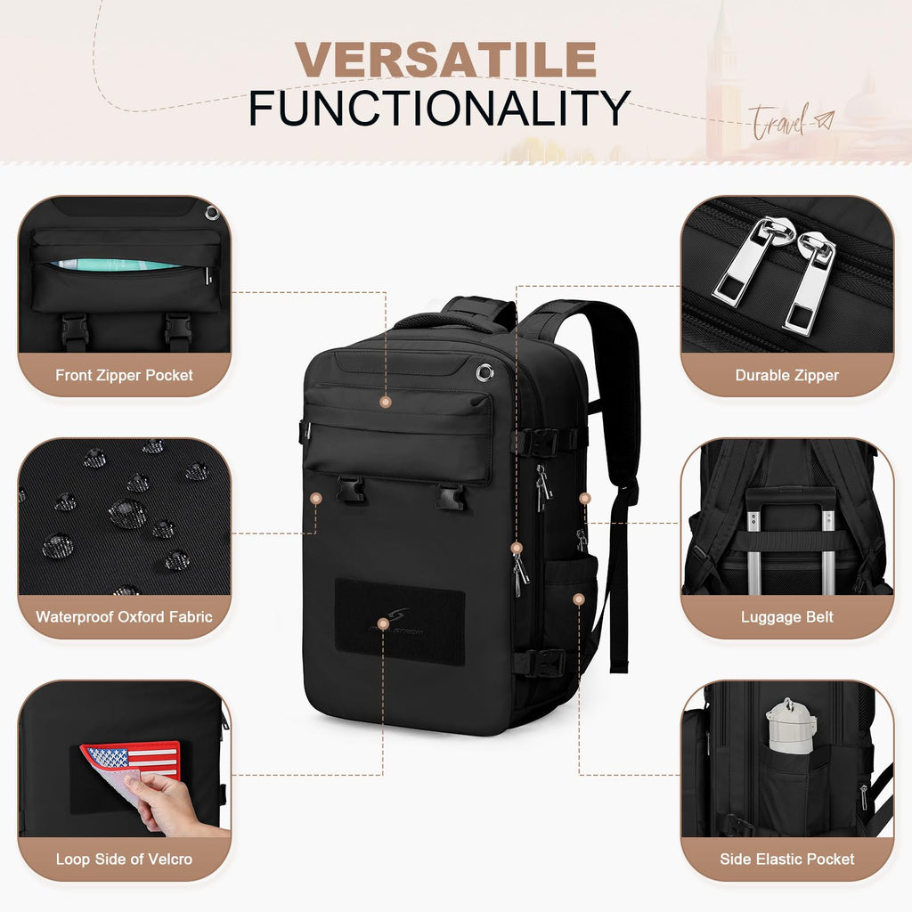 Maelstrom Travel Backpack for Women Men,35L Waterproof Laptop Backpack Fits 17-Inch Laptop, Gift for School Work Backpack with Detachable Crossbody Bag & Shoe Compartment (Black, Large-Upgrade)
