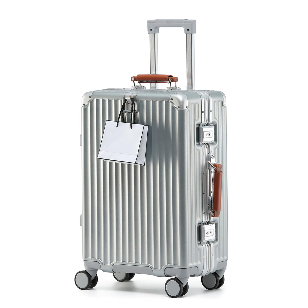 26 Inch Hardside Checked Luggage with Leather Handle, PC Zipperless Suitcase with Spinner Wheels and TSA Locks, Lightweight Checked Luggage for Travel, Silver