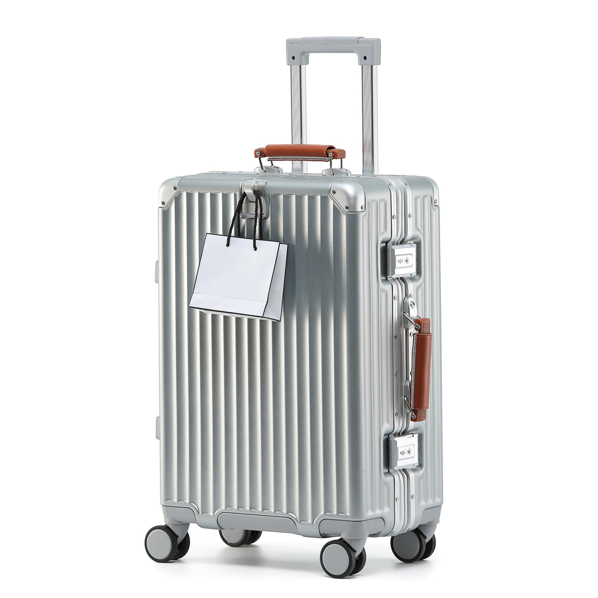 26 Inch Hardside Checked Luggage with Leather Handle, PC Zipperless Suitcase with Spinner Wheels and TSA Locks, Lightweight Checked Luggage for Travel, Silver