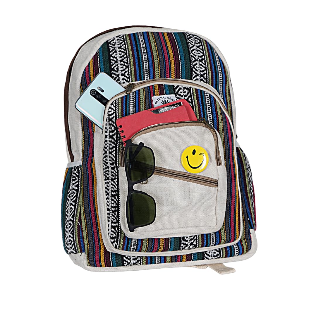 Marubhumi Natural Himalayan Hemp Backpack: Large, multi-pocket canvas travel laptop backpack; casual hippie daypack bag fits 15.6-inch notebook; lightweight backpack for women