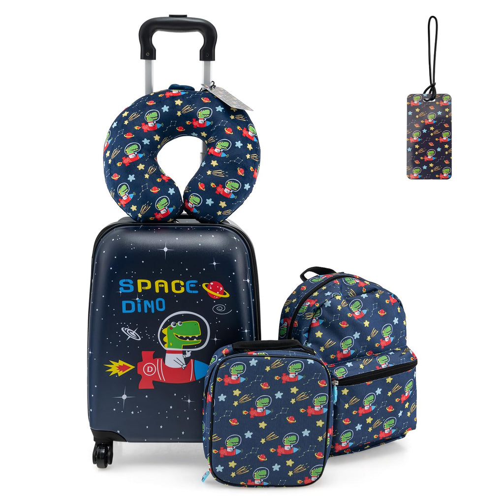 Goplus 5 Piece Kid’s Luggage Set, 16” Carry on Suitcase w/13” Backpack, Neck Pillow, Hardside Spinner Toddler Luggage, Travel Rolling Suitcase for Boys Girls Gifts (Navy, Space Dino)
