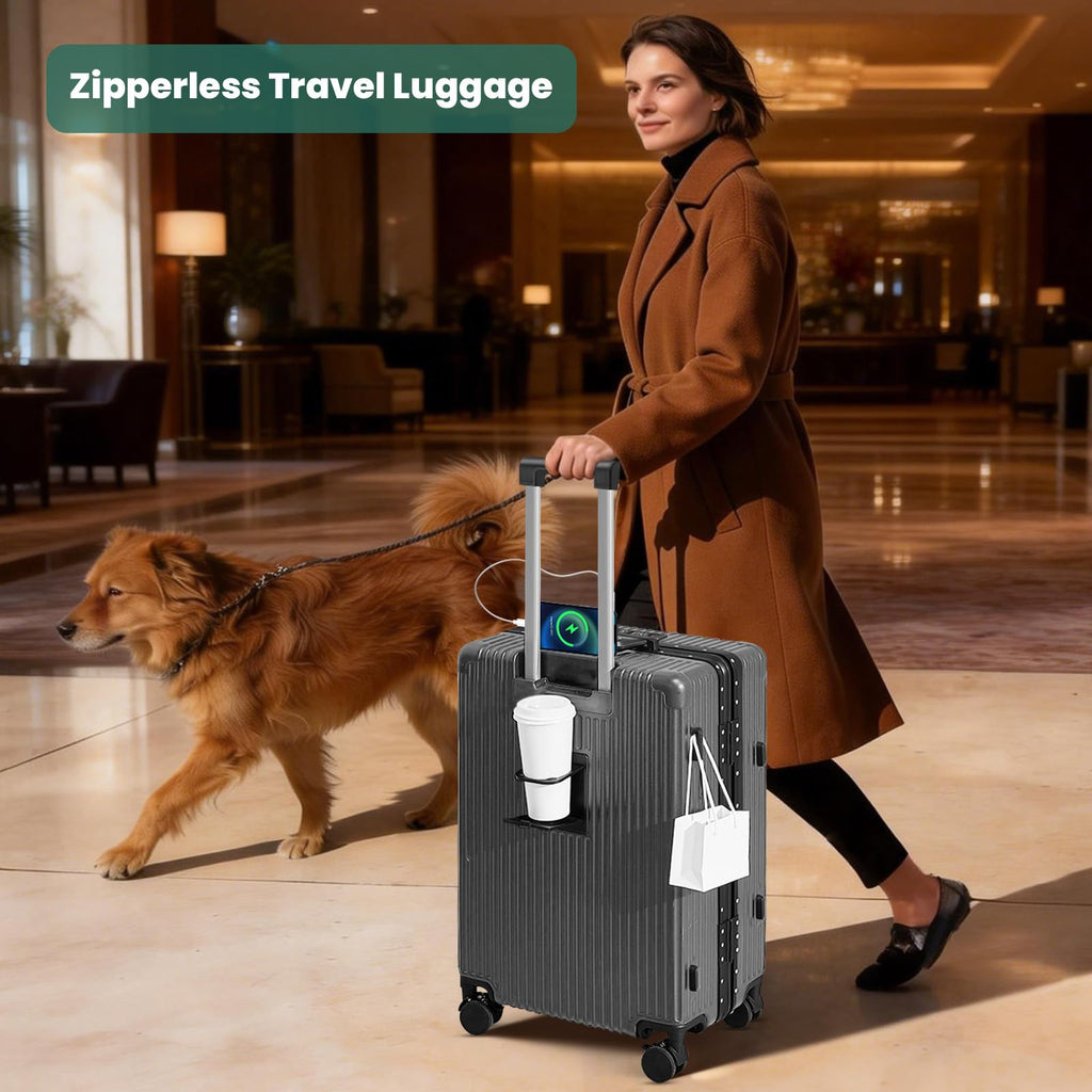 Faqy Z 20 Inch Aluminum Frame Carry On Luggage with Front Pocket, USB Port, Phone Holder & Cup Holder, Hard Shell Spinner Suitcase for Airplane Travel, Grey