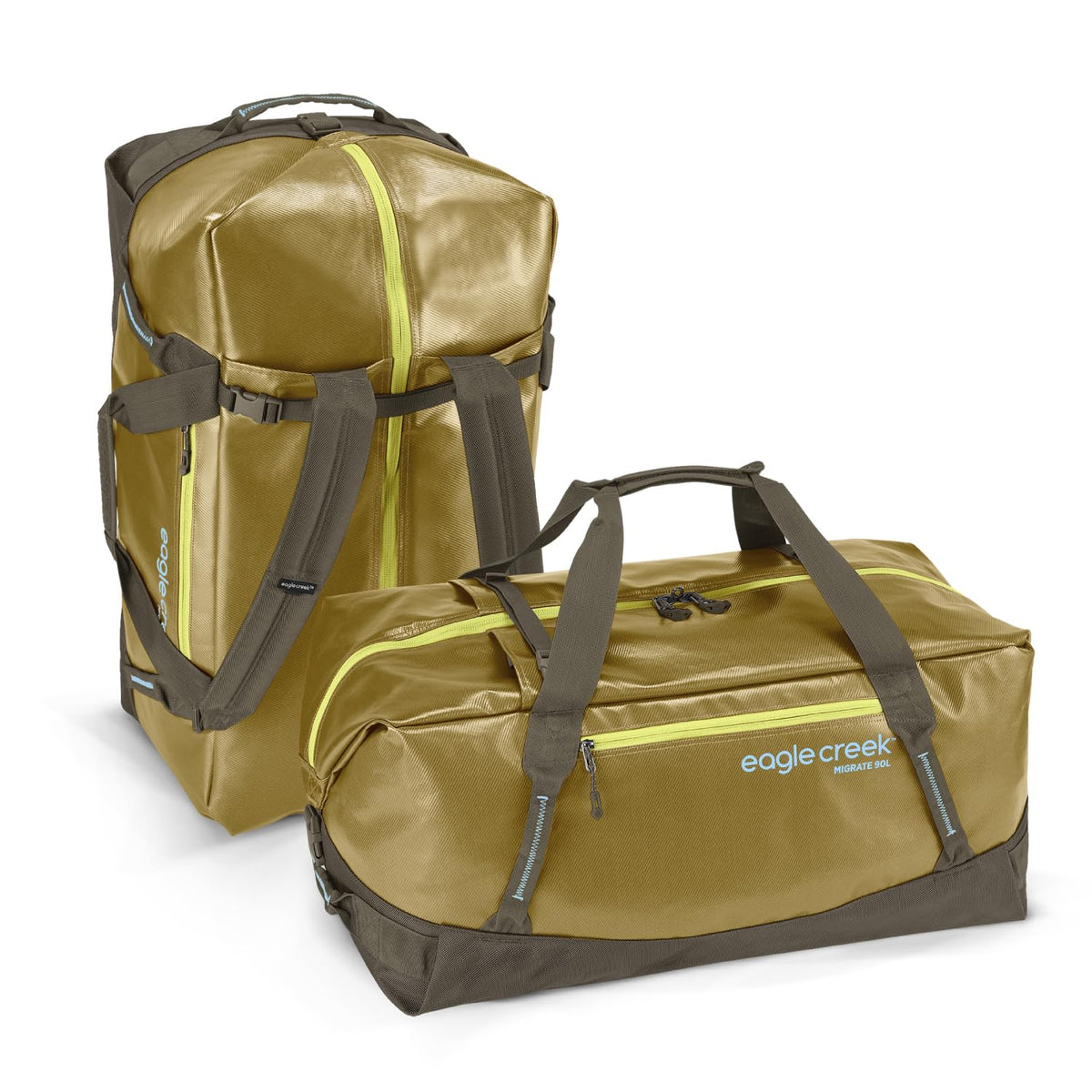 Eagle Creek Migrate 90L Travel Backpack Duffle Bag with Tuck-Away Backpack Straps, Full-Access Wide Mouth Opening & Seamless Bottom Bathtub Construction, Field Brown