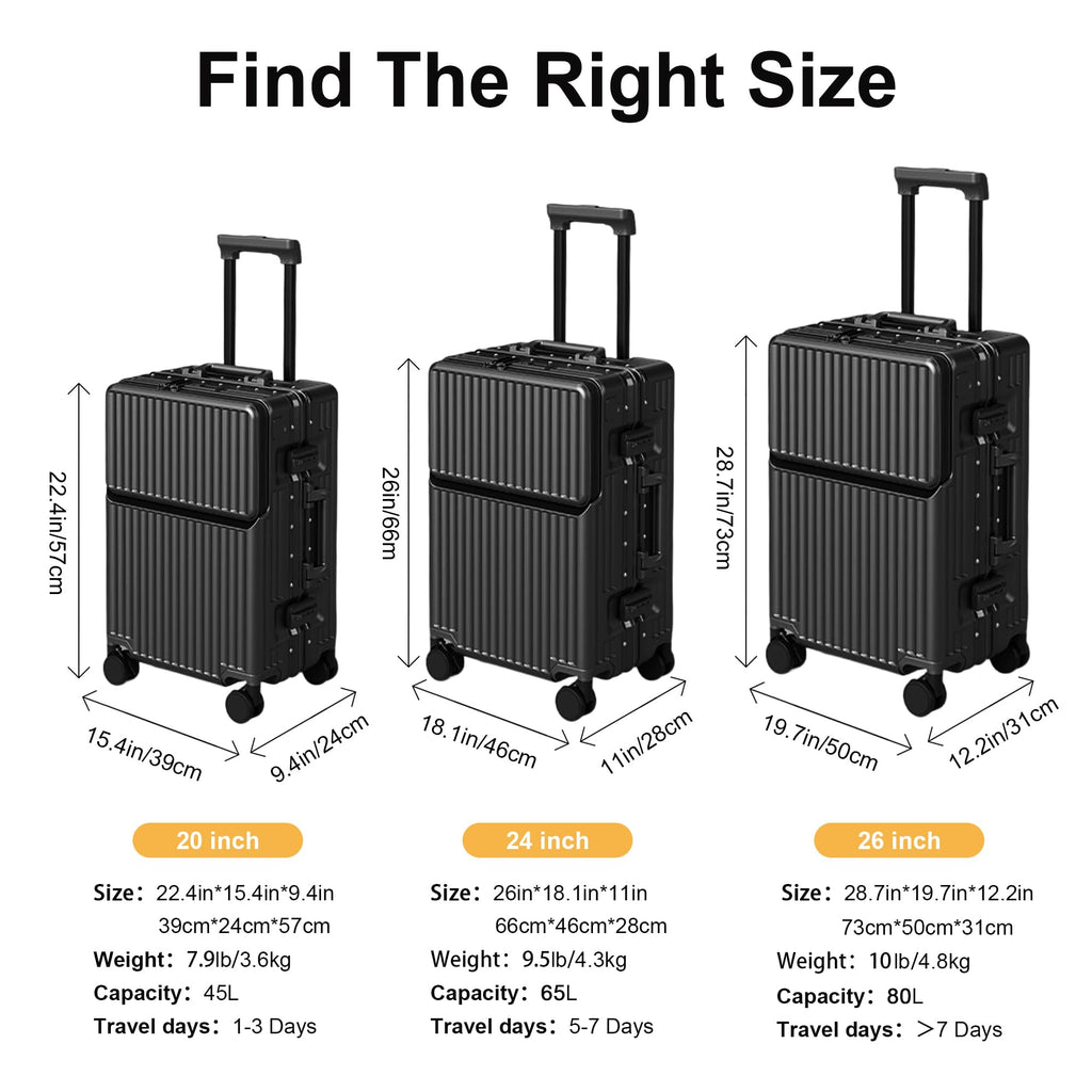 2-Piece Hardshell Zipperless Luggage Set, 20/26" Aluminum Frame Hardshell Spinner Luggage, Airline Approved Carry-On Luggage, TSA Lock, 360° Quiet Wheels With Cup Holder (Black)