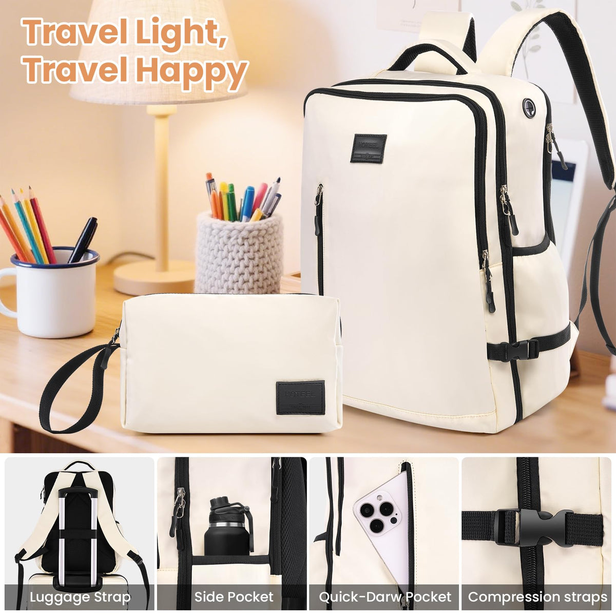 Hoteel Luggage Sets 5 Piece, 4-Yr Warranty Durable Suitcase Dual-Spinner Wheel TSA Lock, Lightweight Travel Hardshell PC+ABS Carry on Luggage for Men&Women, Beige(20in/24in/28in/BP/TB)