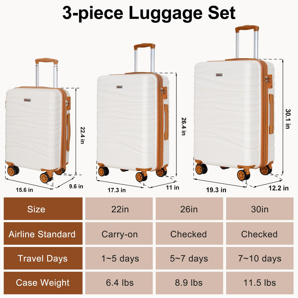 Romswi 3 Piece Luggage Sets, Expandable PC+ABS Hardshell Suitcase Set with TSA Lock YKK Zipper and Dual Spinner Wheels, Large Checked Travel Suitcases, 22/26/30 Inch, White