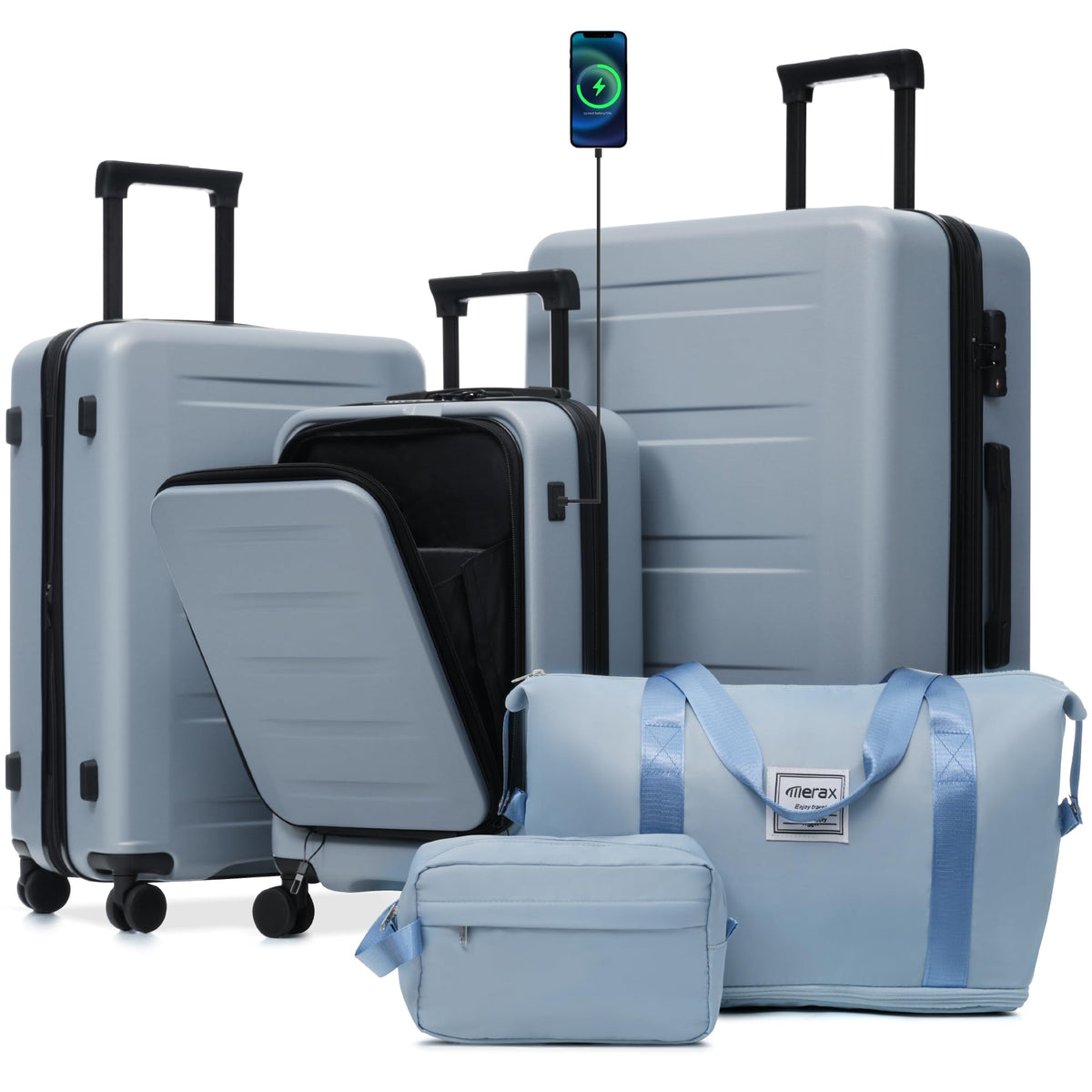 Merax Luggage Sets 5 Piece Front Open, Hardside 20" Carry On Suitcase Set with USB Port,Lightweight Expandable Travel 24" 28" Luggage with Bags TSA Locks Double Spinner Wheels,Blue