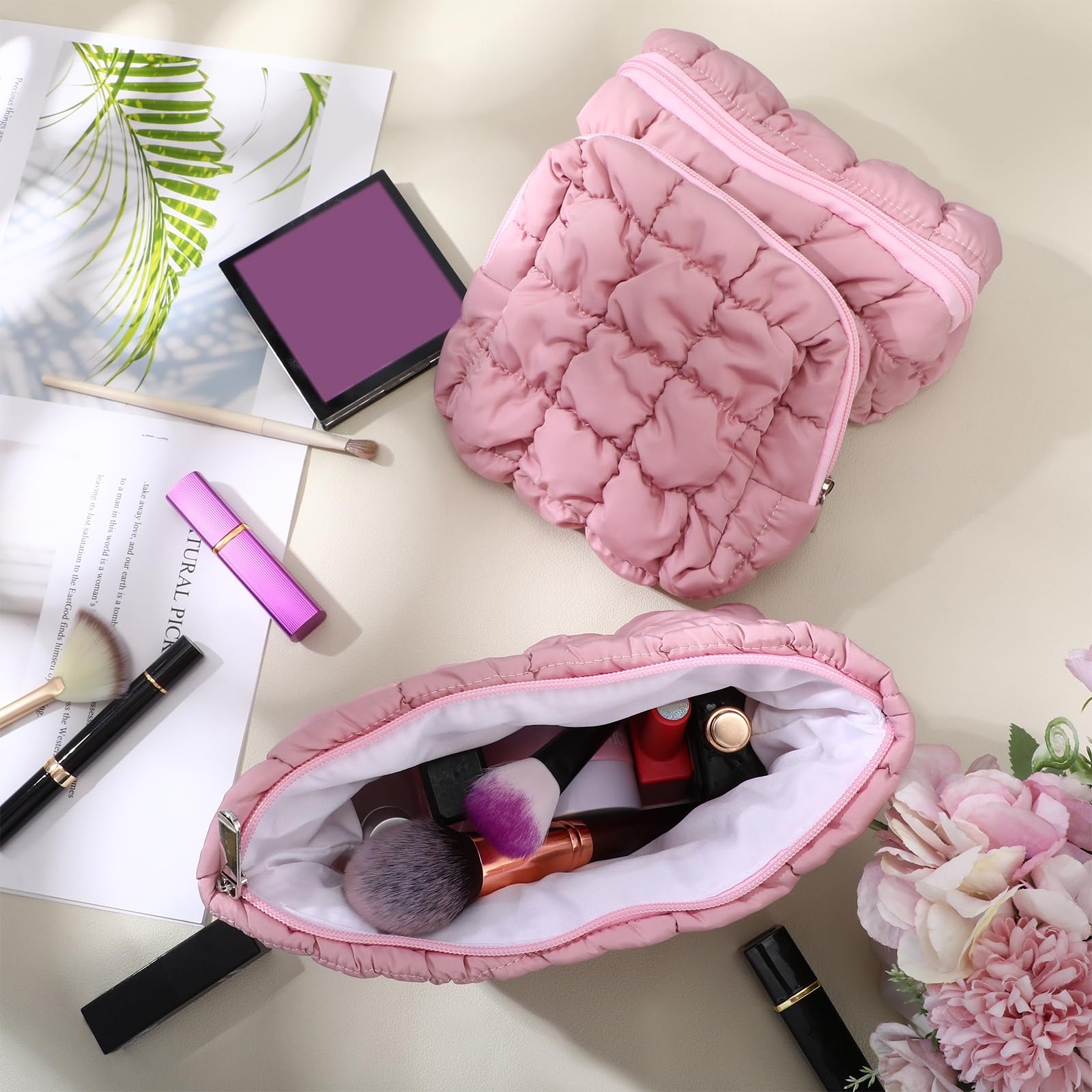 Huhumy 3 Pcs Puffy Makeup Bag Quilted Cosmetic Pouch for Women Cute Checkered Travel Toiletry Bag Puffer Makeup Organizer Purse Pouch Preppy Pencil Case with Zipper
