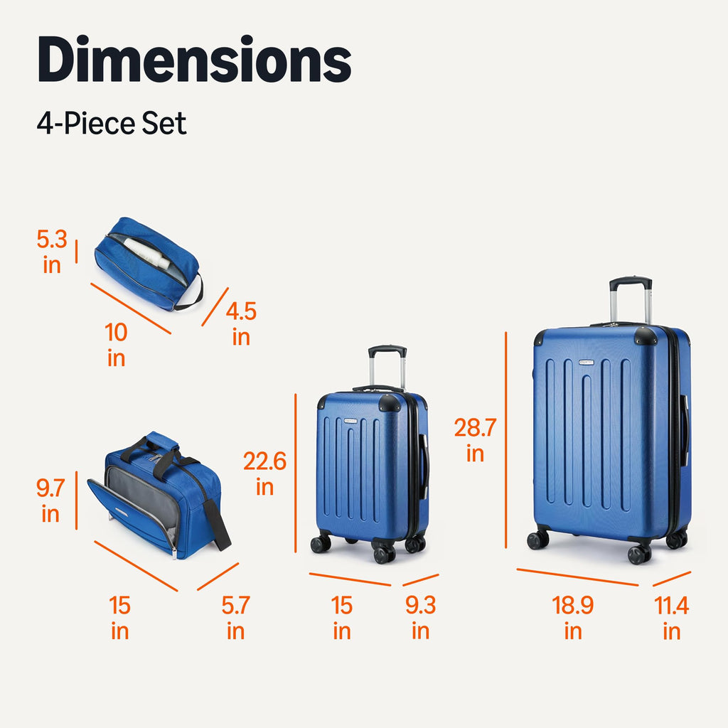 Amazon Basics 4-Piece Hardside Luggage Set with Multidirectional Spinner Wheels, 22" Carry-On, 28" Checked Suitcase, 15" Tote Bag and 10" Travel Case, Navy Blue